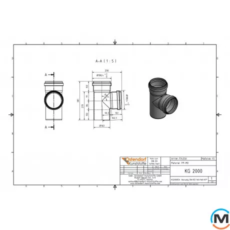 Тройник канализационный Ostendorf KG2000EA 150х150 87°, Градус (град.): 87, Диаметр (мм): 160, Модификация: 150х150 87°, фото , изображение 2