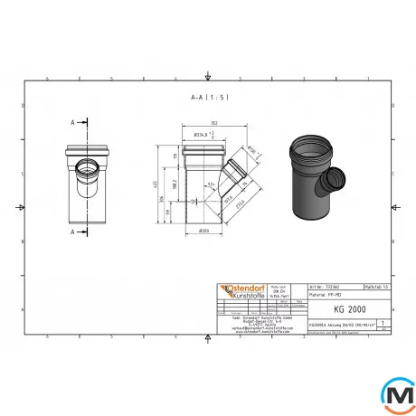 Трійник каналізаційний Ostendorf KG2000EA 200х110 45°, Градус (град.): 45, Діаметр (мм): 200, Модифікація: 200х110 45°, фото , зображення 2