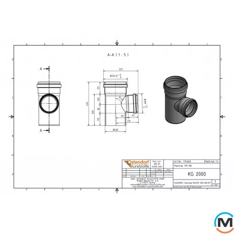 Трійник каналізаційний Ostendorf KG2000EA 200х150 87°, Градус (град.): 87, Діаметр (мм): 200, Модифікація: 200х150 87°, фото , зображення 2