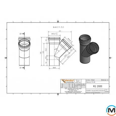 Трійник каналізаційний Ostendorf KG2000EA 200х200 45°, Градус (град.): 45, Діаметр (мм): 200, Модифікація: 200х200 45°, фото , зображення 2