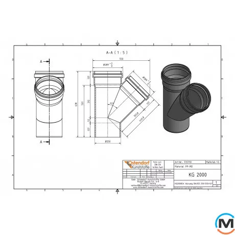 Тройник канализационный Ostendorf KG2000EA 250х250 45°, Градус (град.): 45, Диаметр (мм): 250, Модификация: 250х250 45°, фото , изображение 2
