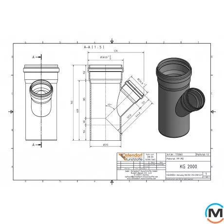 Тройник канализационный Ostendorf KG2000EA 315х200 45°, Градус (град.): 45, Диаметр (мм): 315, Модификация: 315х200 45°, фото , изображение 2