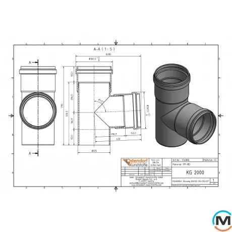 Тройник канализационный Ostendorf KG2000EA 315х315 87°, Градус (град.): 87, Диаметр (мм): 315, Модификация: 315х315 87°, фото , изображение 2