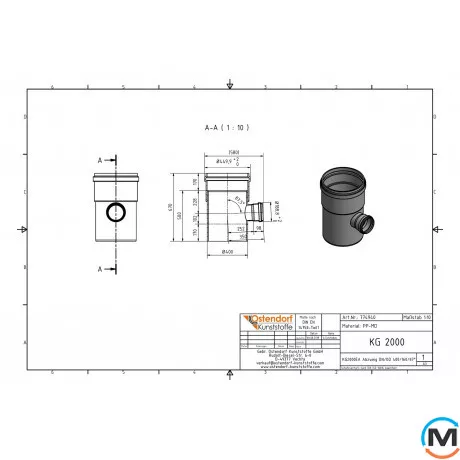 Тройник канализационный Ostendorf KG2000EA 400х150 87°, Градус (град.): 87, Диаметр (мм): 400, Модификация: 400х150 87°, фото , изображение 2