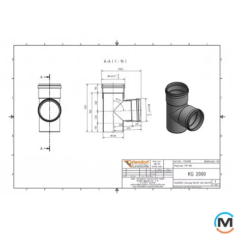 Тройник канализационный Ostendorf KG2000EA 400х400 87°, Градус (град.): 87, Диаметр (мм): 400, Модификация: 400х400 87°, фото , изображение 2