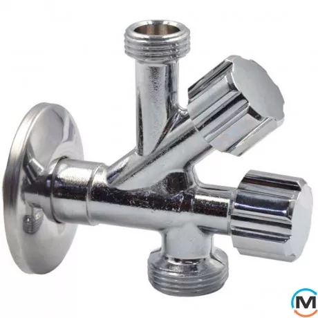 Кран подвійний кутовий для сантехприладів Ø1/2" х 1/2" х 3/4" VA Albertoni, Діаметр різьблення: 1/2"×1/2" x 3/4'', фото 