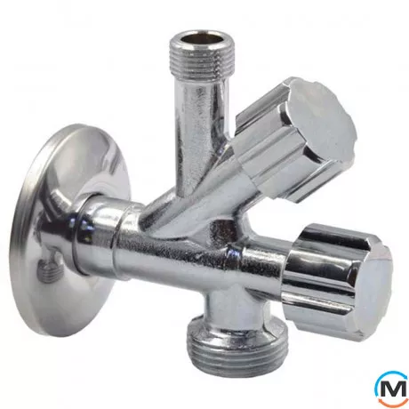Кран Albertoni подвійний кутовий для сантехприладів Ø1/2" х 3/8" х 3/4", Діаметр різьблення: 1/2"×3/8"×3/4", фото 