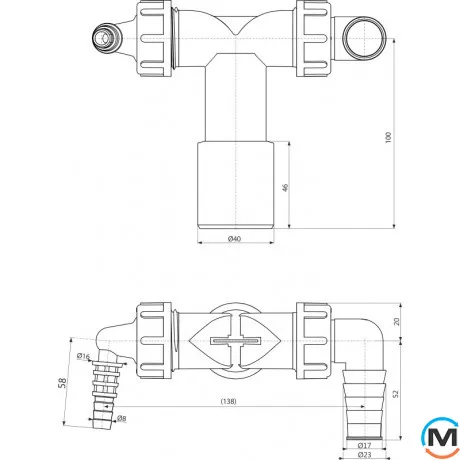 Колено сифон Alcaplast P156Z с двумя штуцерами DN40/32 8-23 стиральная машина + сушка, фото , изображение 2