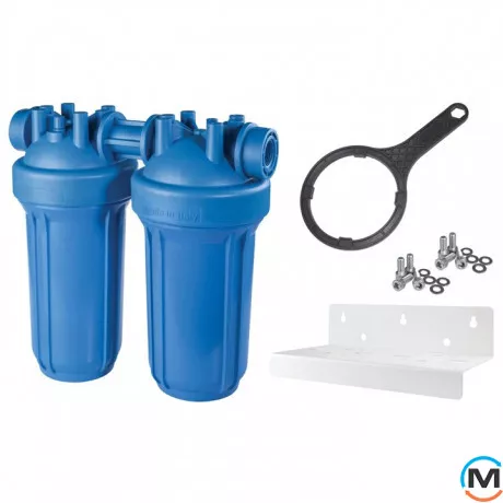 Фильтр-колба Atlas Filtri DP BIG DUO AB (голубая) Ø1" IN (пластик) 10" 45°C 8,3 bar, Диаметр резьбы: 1", Цвет: Голубой, Типоразмер: 10", Кол-во колб: 2 колбы, фото 