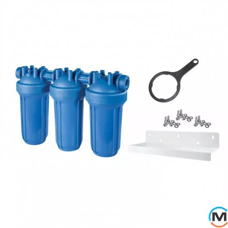 Фильтр-колба Atlas Filtri DP BIG TRIO AB (голубая) Ø1" IN (пластик) 10" 45°C 8,3 bar KIT, Диаметр резьбы: 1", Цвет: Голубой, Типоразмер: 10", Кол-во колб: 3 колбы, фото 