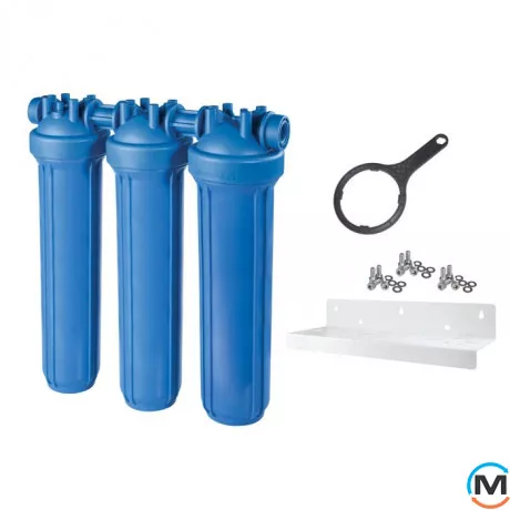 Фільтр-колба Atlas Filtri DP BIG TRIO AB (блакитна) Ø1 1/2" IN (пластик) 20" 45 ° C 8,3 bar, Діаметр різьблення: 1 1/2", Колір: Блакитний, Типорозмір: 20", Кількість колб: 3 колби, фото 