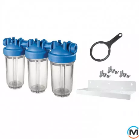 Фильтр-колба Atlas Filtri DP BIG TRIO TS (прозрачный) Ø1" IN (пластик) 10" 45°C 8,3 bar KIT sr, Диаметр резьбы: 1", Типоразмер: 10", Кол-во колб: 3 колбы, фото 