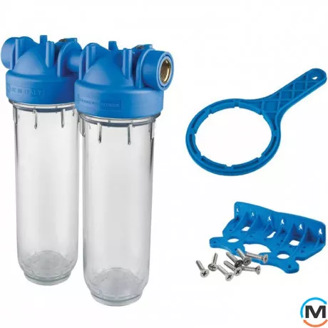 Фильтр-колбы Atlas Filtri DP DUO TS (прозрачные) Ø1/2" OT (латунь) 10" 45° 8 bar KIT, Диаметр резьбы: 1/2", Типоразмер: 10", Кол-во колб: 2 колбы, фото 