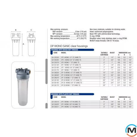Фільтр-колба Atlas Filtri антимікробна DP MONO SANIC 1" OT (латунь) 10" 45 ° C 8 bar KIT, Діаметр різьблення: 1", Типорозмір: 10", фото , зображення 2