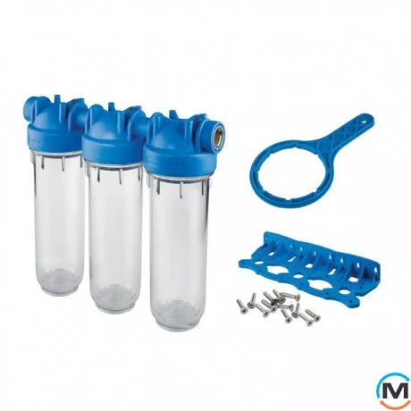 Фильтр-колбы Atlas Filtri DP TRIO TS (прозрачные) Ø1" OT (латунь) 10" 45° 8 bar KIT, Диаметр резьбы: 1", Типоразмер: 10", Кол-во колб: 3 колбы, фото 