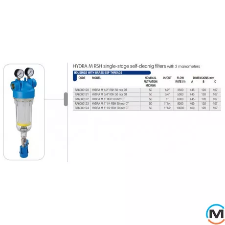 Фільтр-колба Atlas Filtri самопромивний HYDRA M (манометри) 1" OT (латунь) + картридж RSH 50 mcr KIT, Діаметр різьблення: 1", Кількість мікрон (мКм): 50, фото , зображення 2