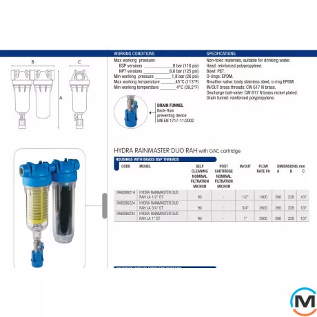 Фільтр Atlas Filtri HYDRA RAINMASTER DUO Ø3/4" (латунь) + картриджи RAH, LA 45°C 8 bar KIT s.r.l, Диаметр резьбы: 3/4", Кол-во колб: 2 колбы, фото , изображение 2