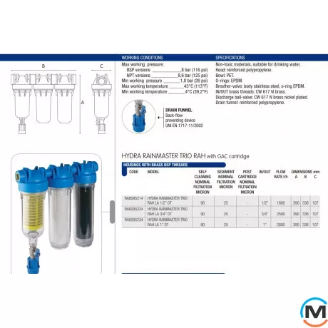 Фільтр Atlas Filtri HYDRA RAINMASTER TRIO Ø3/4" (латунь) + картриджи RAH, FA, LA 45°C 8 bar KIT, Диаметр резьбы: 3/4", Кол-во колб: 3 колбы, фото , изображение 2