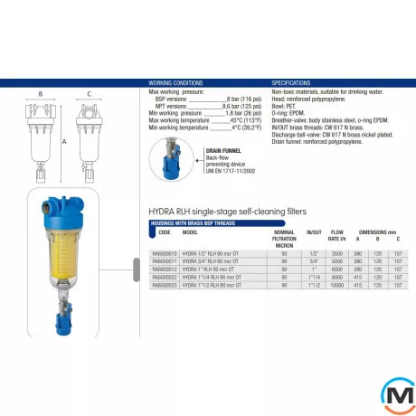 Фільтр самопромивний Atlas Filtri HYDRA Ø1/2" (латунь) + картридж RLH 90 mcr KIT, Діаметр різьблення: 1/2", фото , зображення 2