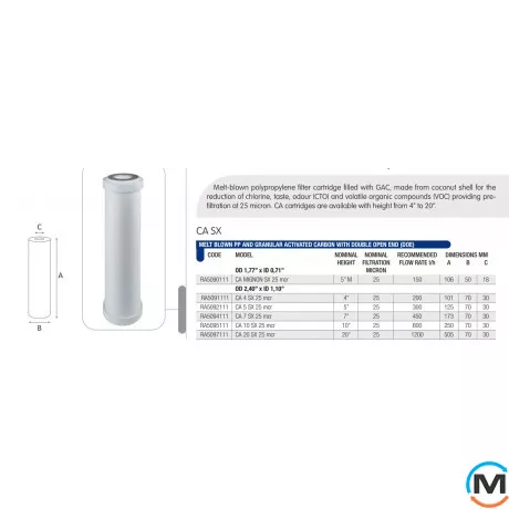 Картридж Atlas Filtri комбінований (спінений поліпропілен/кокосове вугілля) CA 10" SX 25 mcr 45°, фото , зображення 2
