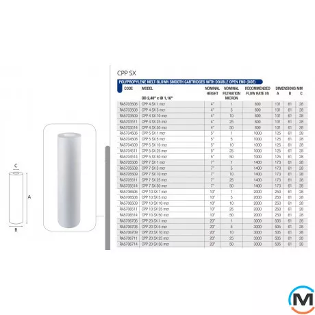 Картридж Atlas Filtri із спіненого поліпропілену CPP 10" SX 50 mcr 80°C, Кількість мікрон (мКм): 50, Типорозмір: 10", фото , зображення 2