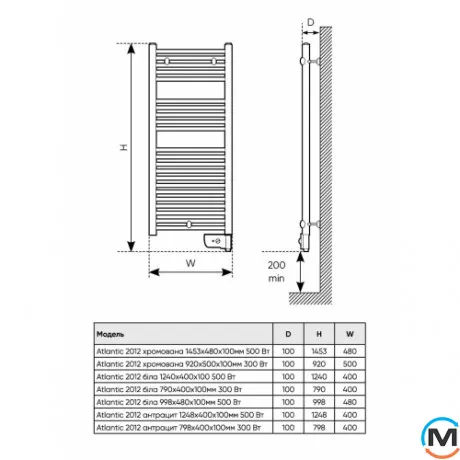 Електрична сушка для рушників Atlantic 2012 біла вузька 300 Вт (785*400*30 (85 з кріпленням)), Колір: Білий, Макс. потужність (Вт): 300, Висота (мм): 785, фото , зображення 4