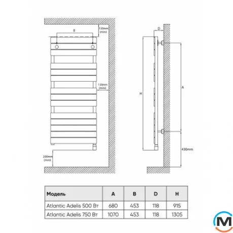 Електричний сушка для рушників Atlantic Adelis антрацит 984х556х118мм 500 Вт, Колір: антрацит, Макс. потужність (Вт): 500, Висота (мм): 984, фото , зображення 5
