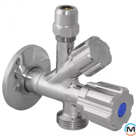 Кран Albertoni подвійний кутовий для сантехприладів Ø1/2" х 3/8" х 3/4", Діаметр різьблення: 1/2"×3/8"×3/4", фото 