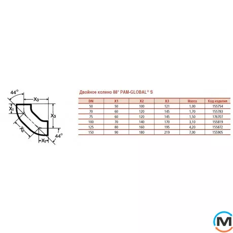 Двойное колено канализационное чугунное укороченное Pam-GLOBAL S 100х88*, Диаметр (мм): 100, фото , изображение 2