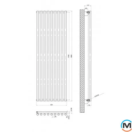 Вертикальний дизайнерський радіатор ARTTIDESIGN Matera 9/1800/531/50 чорний матовий, Підключення радіатора: Нижнє, Колір: Чорний, Кількість секцій: 9, фото , зображення 3