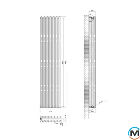 Вертикальний дизайнерський радіатор ARTTIDESIGN Matera II 7/1800/413/50 сірий матовий, Підключення радіатора: Нижнє, Колір: Сірий, Кількість секцій: 7, фото , зображення 2