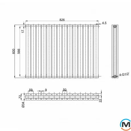Горизонтальний дизайн радіатор ARTTIDESIGN Terni II G 14/600/826 сірий матовий, Підключення радіатора: Нижнє, Виконання: Горизонтальний, Колір: Сірий, Висота (мм): 600, Кількість секцій: 14, Довжина (мм): 826, Глибина (мм): 99, Кількість рядів: 2, фото , зображення 4