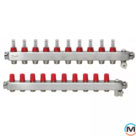 Колектор із нержавіючої сталі Danfoss 10+10 з ротаметрами SSM-10F, Кількість виходів: 10, Тип колектора: З витратомірами, фото 