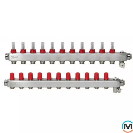 Колектор із нержавіючої сталі Danfoss 11+11 з ротаметрами SSM-11F, Кількість виходів: 11, Тип колектора: З витратомірами, фото 