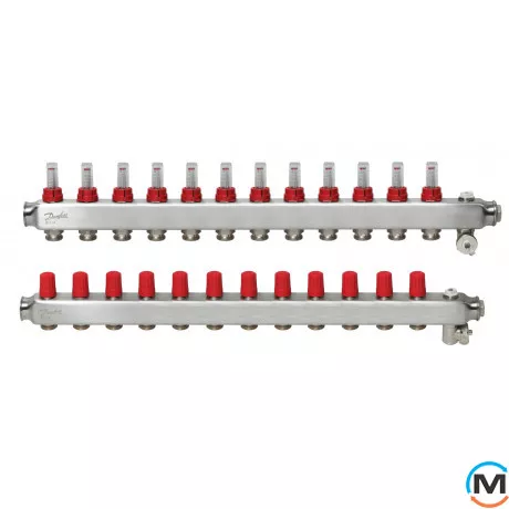 Колектор із нержавіючої сталі Danfoss 12+12 з ротаметрами SSM-12F, Кількість виходів: 12, Тип колектора: З витратомірами, фото 