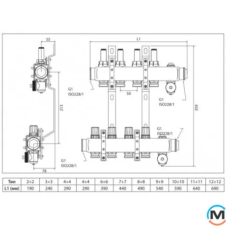 Коллектор из нержавеющей стали Danfoss 4+4 с ротаметрами SSM-4F, Количество выходов: 4, Тип коллектора: С расходомерами, фото , изображение 2