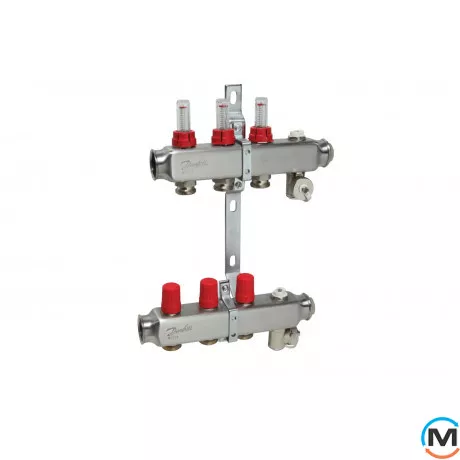 Колектор із нержавіючої сталі Danfoss 3+3 з ротаметрами SSM-3F, Кількість виходів: 3, Тип колектора: З витратомірами, фото 