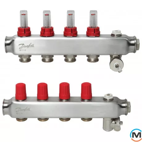Коллектор из нержавеющей стали Danfoss 4+4 с ротаметрами SSM-4F, Количество выходов: 4, Тип коллектора: С расходомерами, фото 