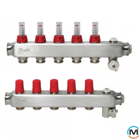 Колектор із нержавіючої сталі Danfoss 5+5 з ротаметрами SSM-5F, Кількість виходів: 5, Тип колектора: З витратомірами, фото 