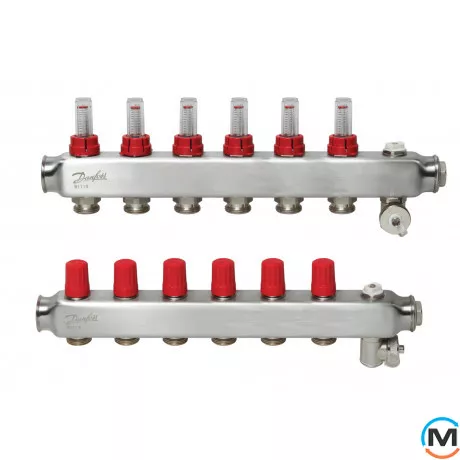 Колектор із нержавіючої сталі Danfoss 6+6 з ротаметрами SSM-6F, Кількість виходів: 6, Тип колектора: З витратомірами, фото 