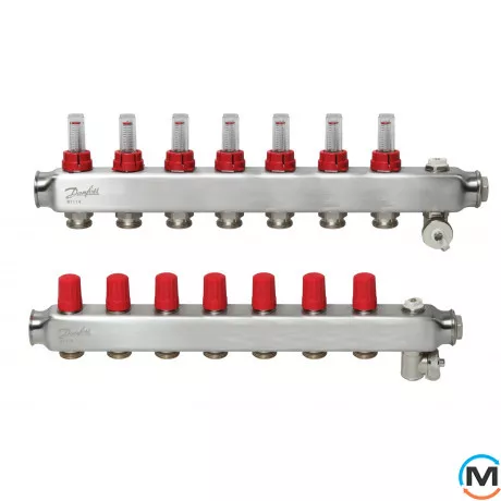 Колектор із нержавіючої сталі Danfoss 7+7 з ротаметрами SSM-7F, Кількість виходів: 7, Тип колектора: З витратомірами, фото 
