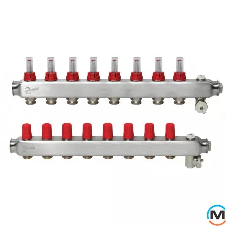 Колектор із нержавіючої сталі Danfoss 8+8 з ротаметрами SSM-8F, Кількість виходів: 8, Тип колектора: З витратомірами, фото 