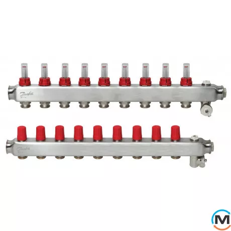 Колектор із нержавіючої сталі Danfoss 9+9 з ротаметрами SSM-9F, Кількість виходів: 9, Тип колектора: З витратомірами, фото 