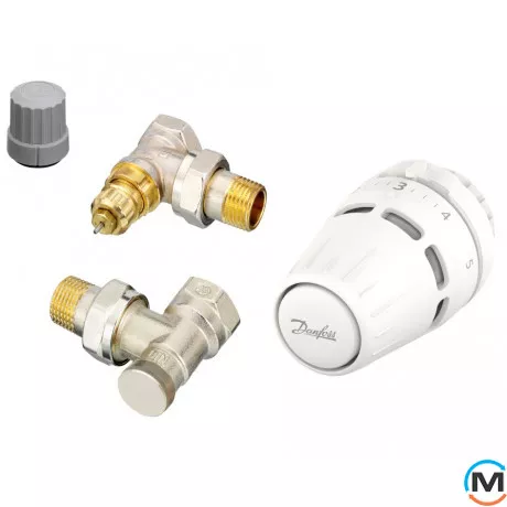 Комплект кранов термостатический Danfoss RA nut+RA-FN+RLV-S 15 A w. O-ring угловой, Исполнение: Угловой, фото 