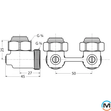 Н-образный запорный клапан Danfoss RLV-KB 3/4 угловой, Диаметр резьбы: 3/4", Исполнение: Угловой, фото , изображение 2
