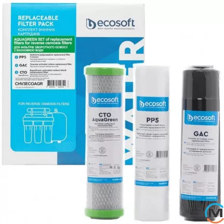 Улучшенный комплект картриджей Ecosoft 1-2-3 для фильтров обратного осмоса с функцией экономии воды, фото 