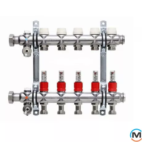 Колектор Kermi x-net FT-06 з витратомірами, Кількість виходів: 6, Тип колектора: З витратомірами, Діаметр вхід/вихід: 1 1/4", Діаметр підводів: 3/4", Різьблення підводів: Євроконус, фото 