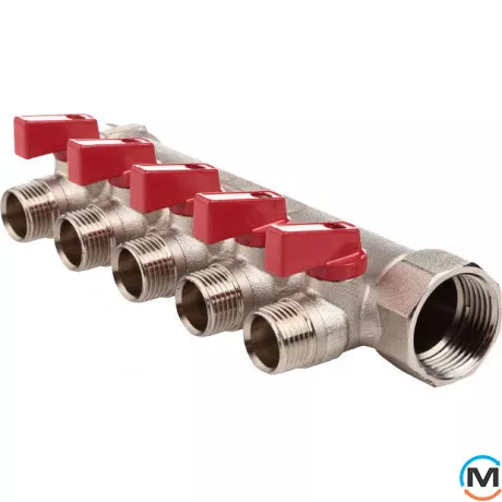 Коллектор с шаровыми кранами Fado 1" x 1/2"x2, Количество выходов: 2, Тип коллектора: С шаровым краном, Диаметр вход/выход: 1", Диаметр подводов: 1/2", Резьба подводов: Трубная, Материал коллектора: Латунь, фото 