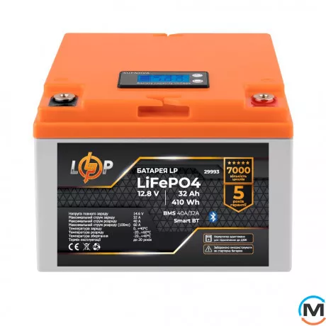 Аккумулятор LogicPower LiFePO4 12,8V - 32 Ah (410Wh) (BMS 50А/25A) пластик LCD, фото 