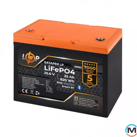 Акумулятор LogicPower LiFePO4 25,6V - 32 Ah (820Wh) (BMS 60А/30A) пластик для ДБЖ, фото , зображення 2